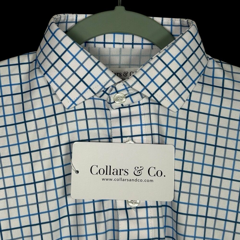 Collars & Co Polo Shirt Mens Small Blue Plaid Check Grid Dress Collar Office NWT